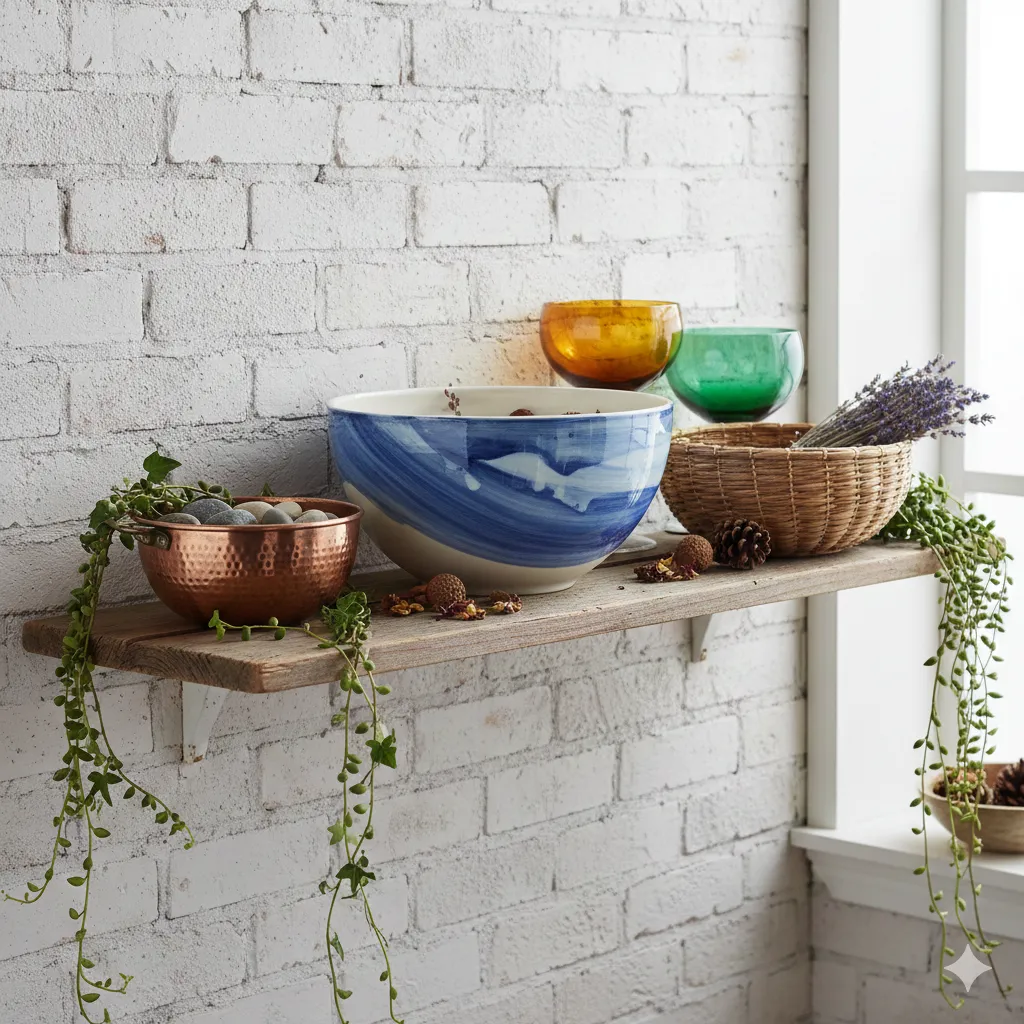 Dekorative skåler på hylle